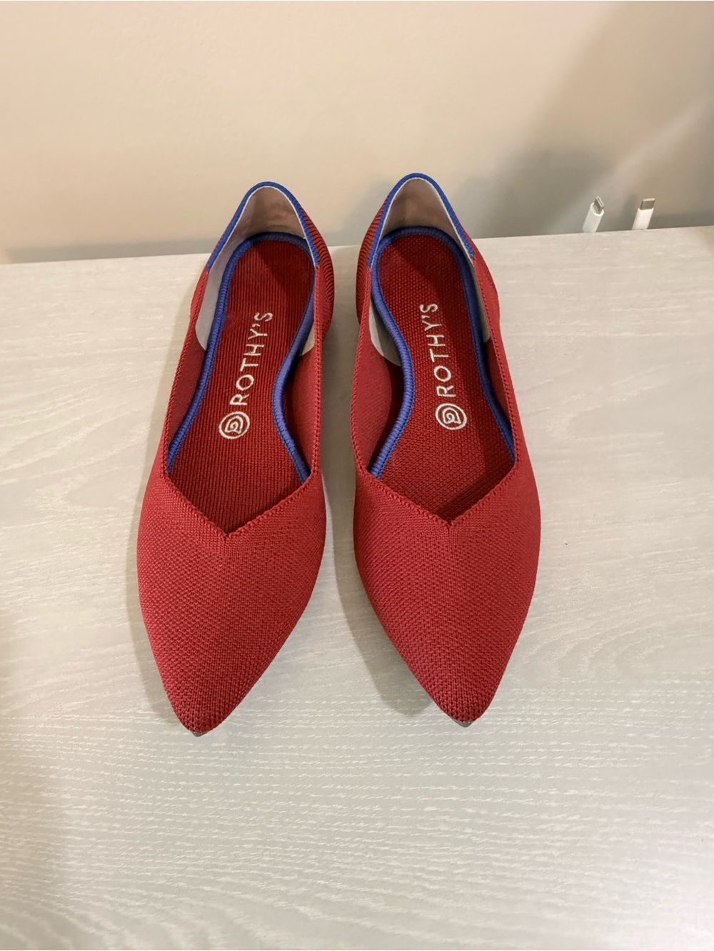 Rothy's Red Pointed-Toe Knit Flats with Blue Trim - Picture 8 of 11
